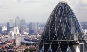 A view of London with all the gherkin in foreground